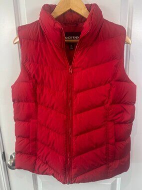 Lands End Red Down Puffer Vest Chevron Quilted Full Zip Gilet Medium 10-12